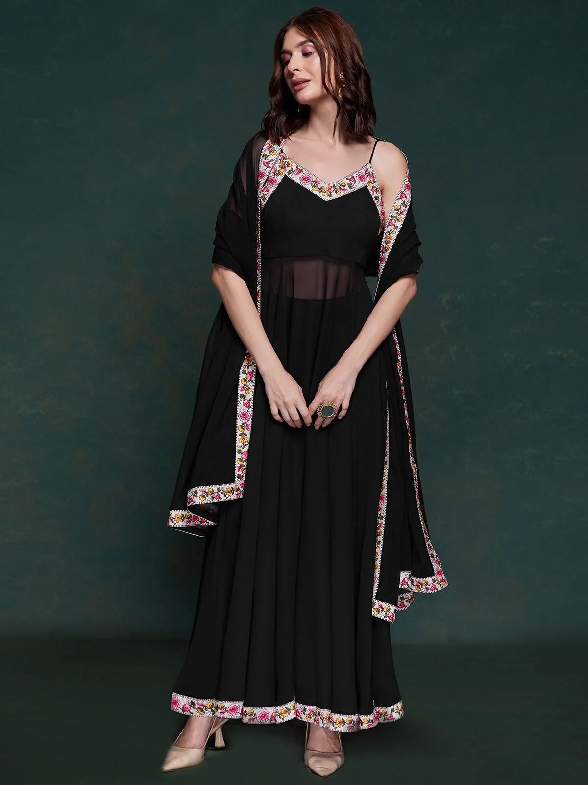 Odette Black Printed Georgette Stitched Kurta Set For Women - Image 2