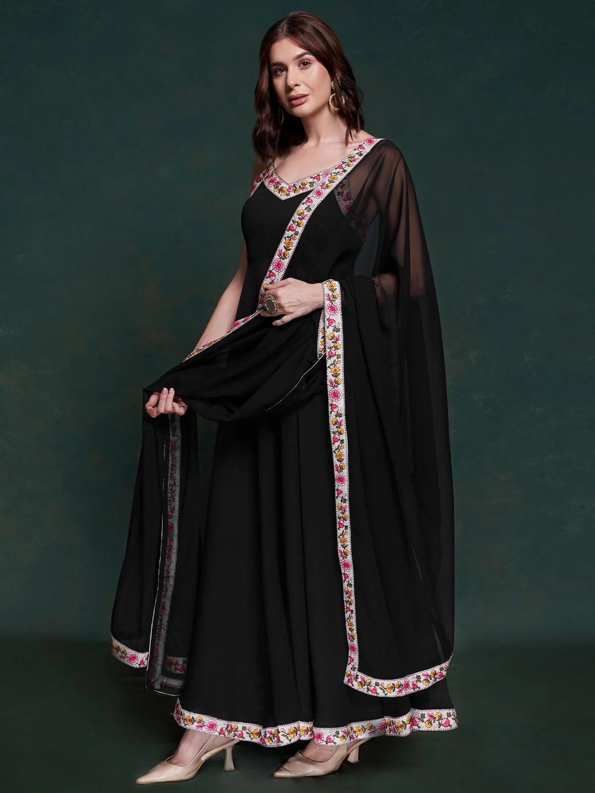 Odette Black Printed Georgette Stitched Kurta Set For Women - Image 4