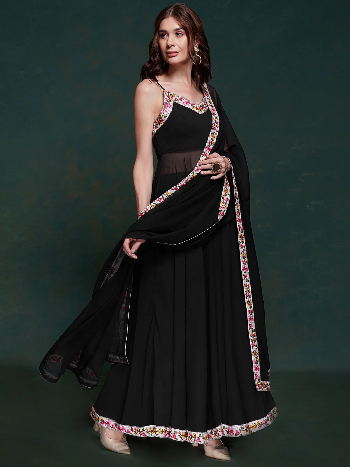 Odette Black Printed Georgette Stitched Kurta Set For Women - Image 5