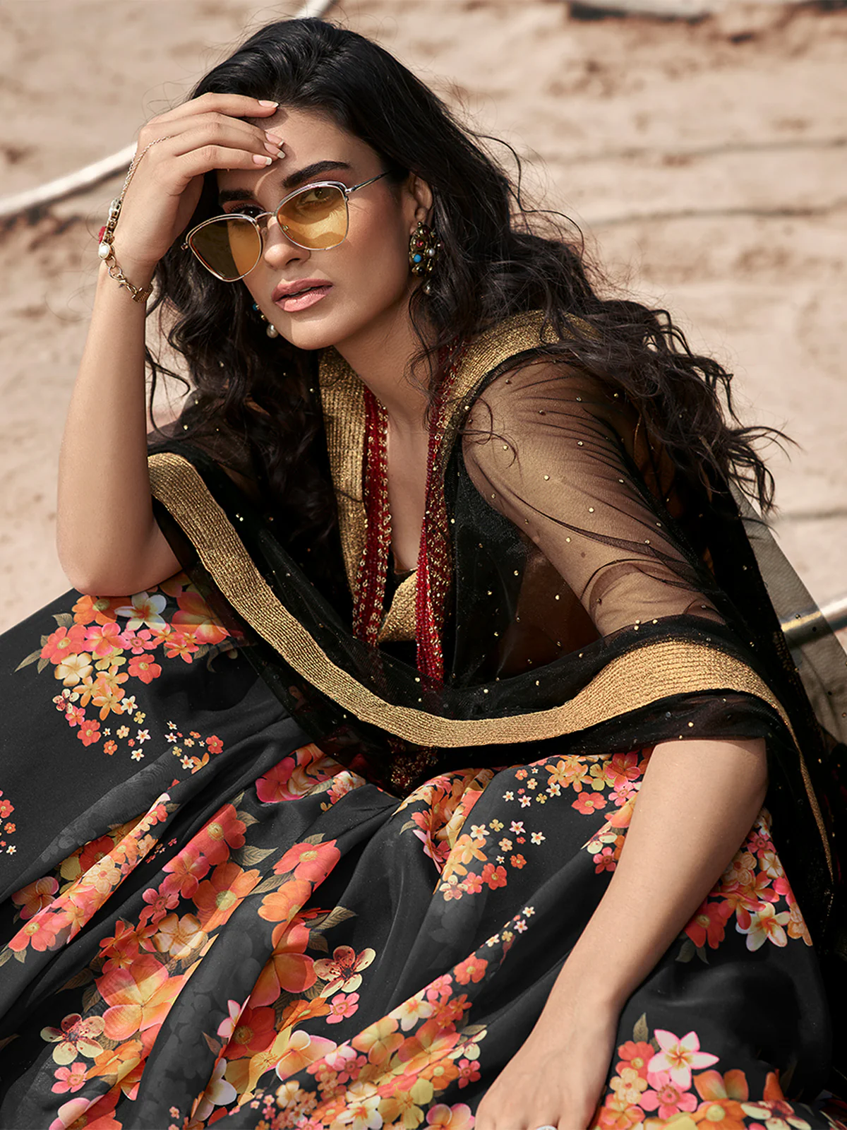 Odette Black Printed Organza Semi Stitched Lehenga With Blouse For Women - Image 3