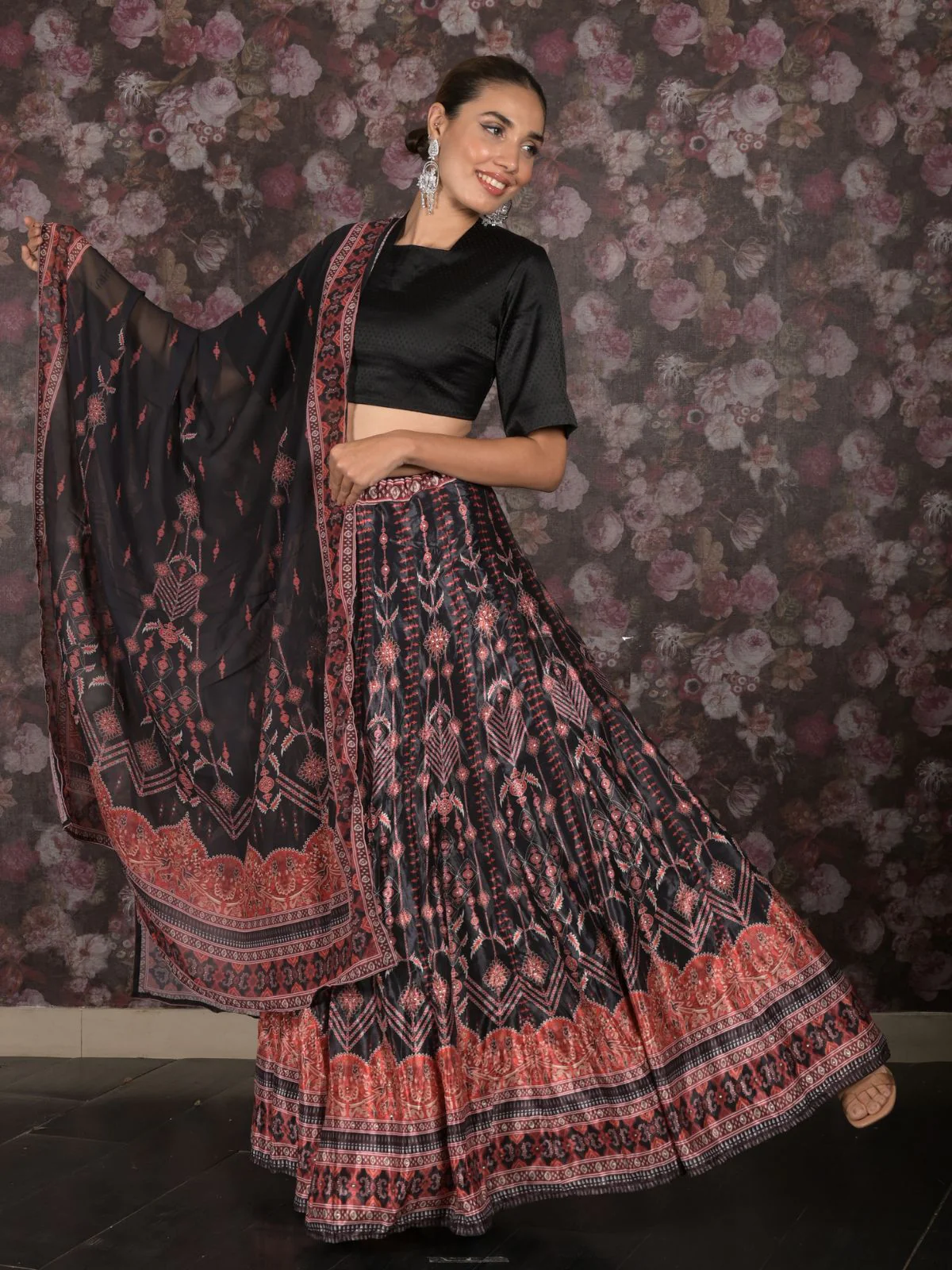 Odette Black Printed Semi Stitched Crepe Lehenga with Unstitched Blouse And Dupatta For Women - Image 2