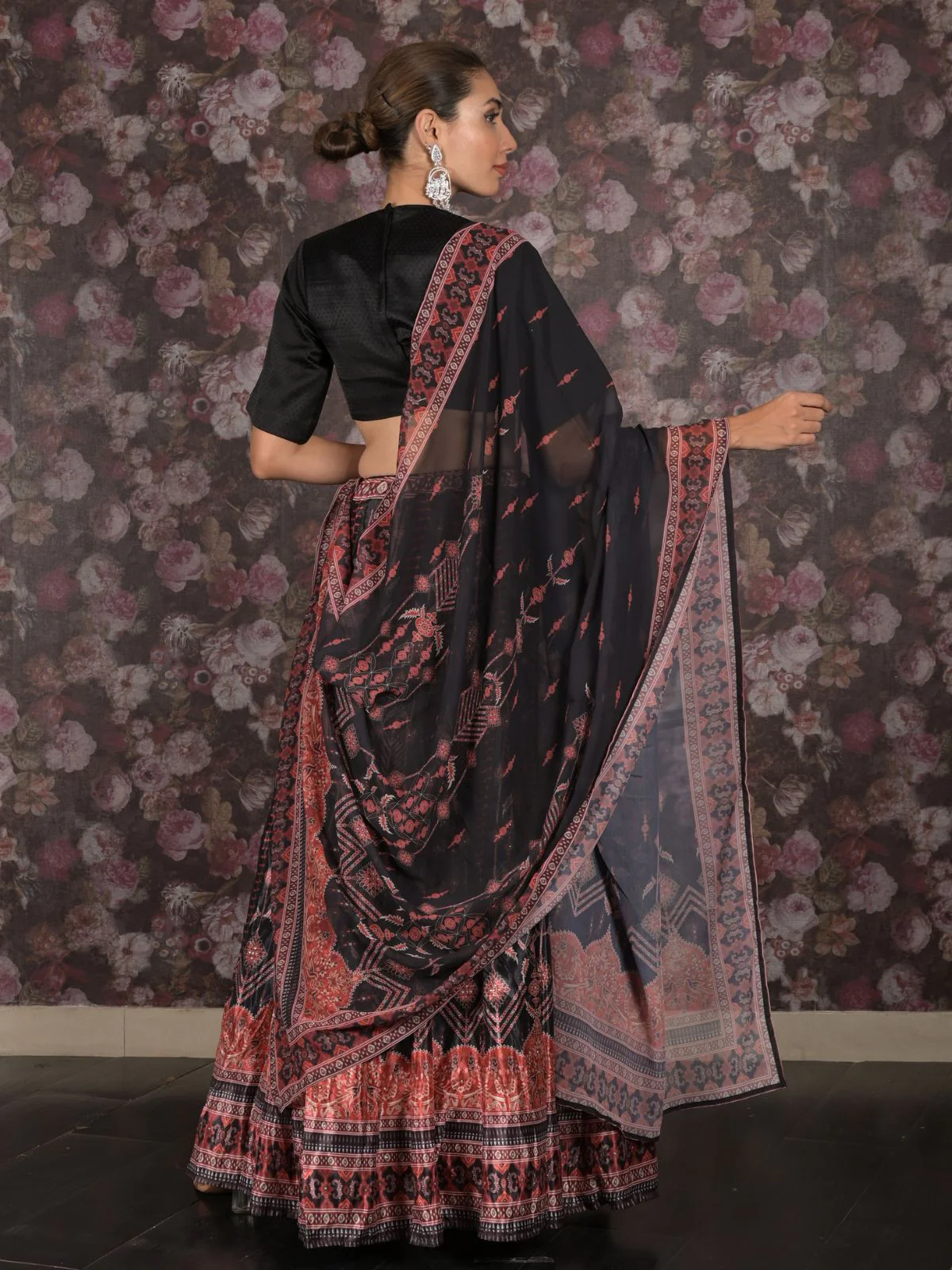 Odette Black Printed Semi Stitched Crepe Lehenga with Unstitched Blouse And Dupatta For Women - Image 4