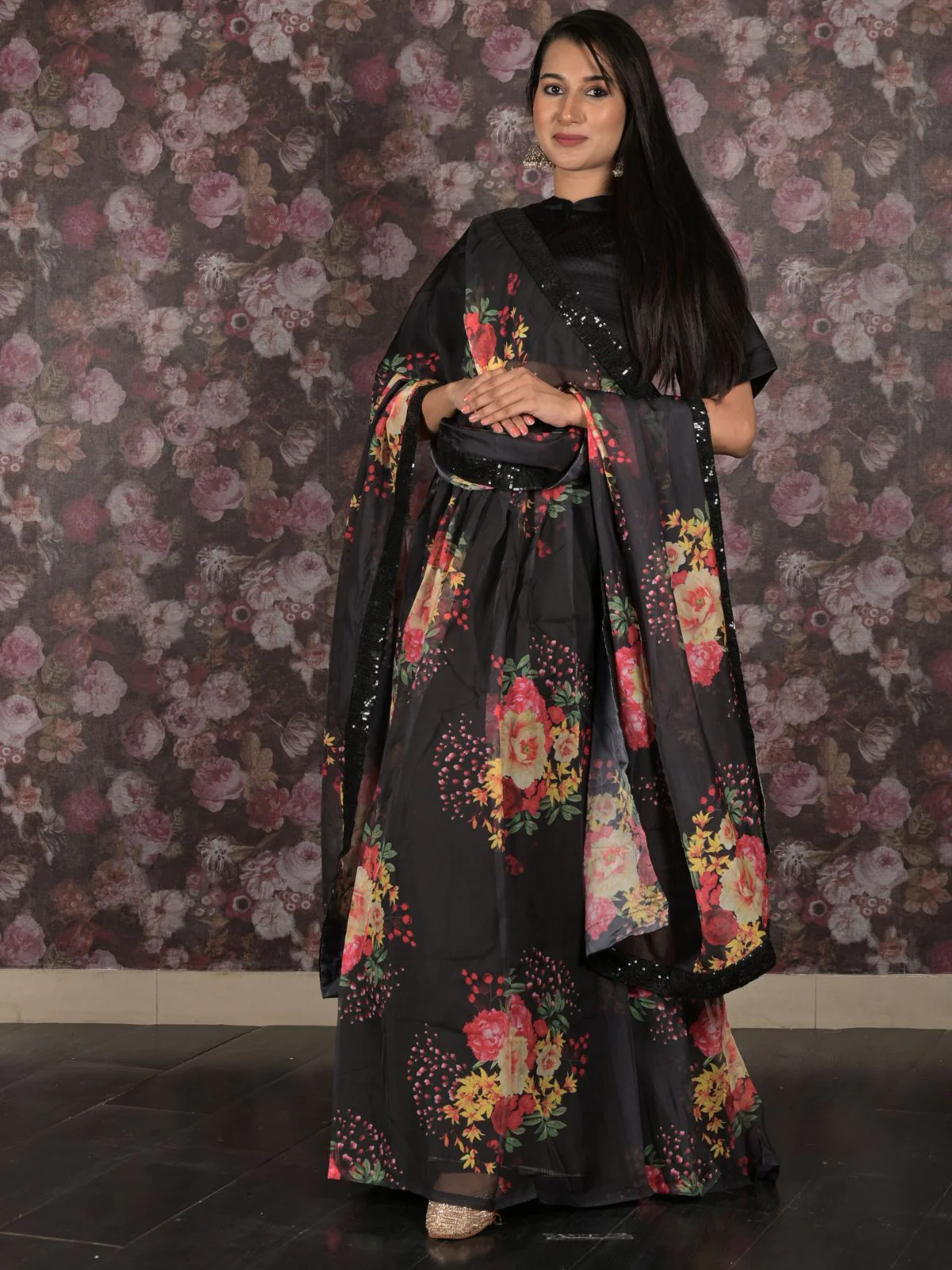 Odette Black Printed Semi Stitched Lehenga with Unstitched Blouse And Dupatta For Women - Image 3
