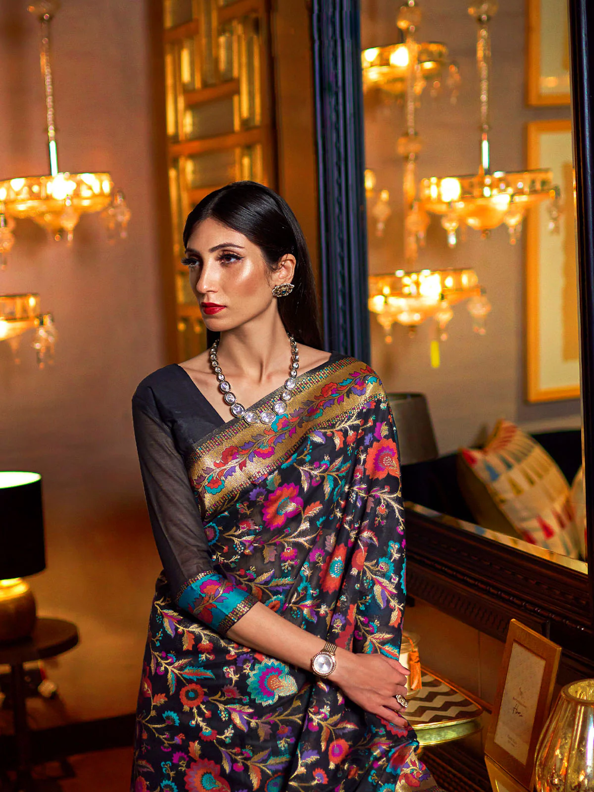 Odette Black Printed Silk Blend Saree With Unstitched Blouse For Women - Image 3