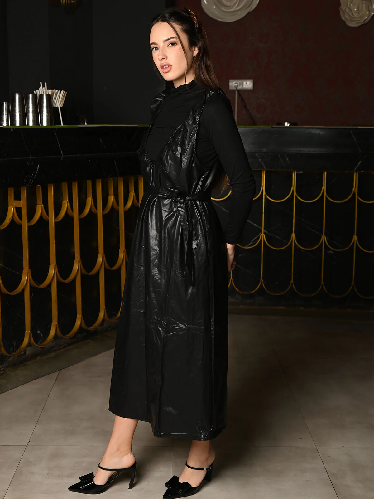 Odette Black PU And Jersey Patterned Dress For Women - Image 2