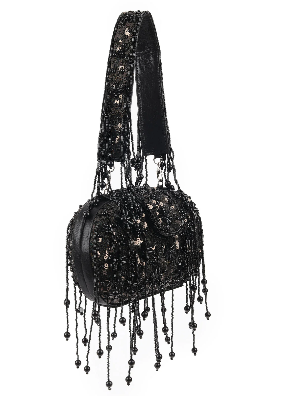 Odette Black PU Beads Embellished Tasseled With Sequin Batuwa For Women - Image 4