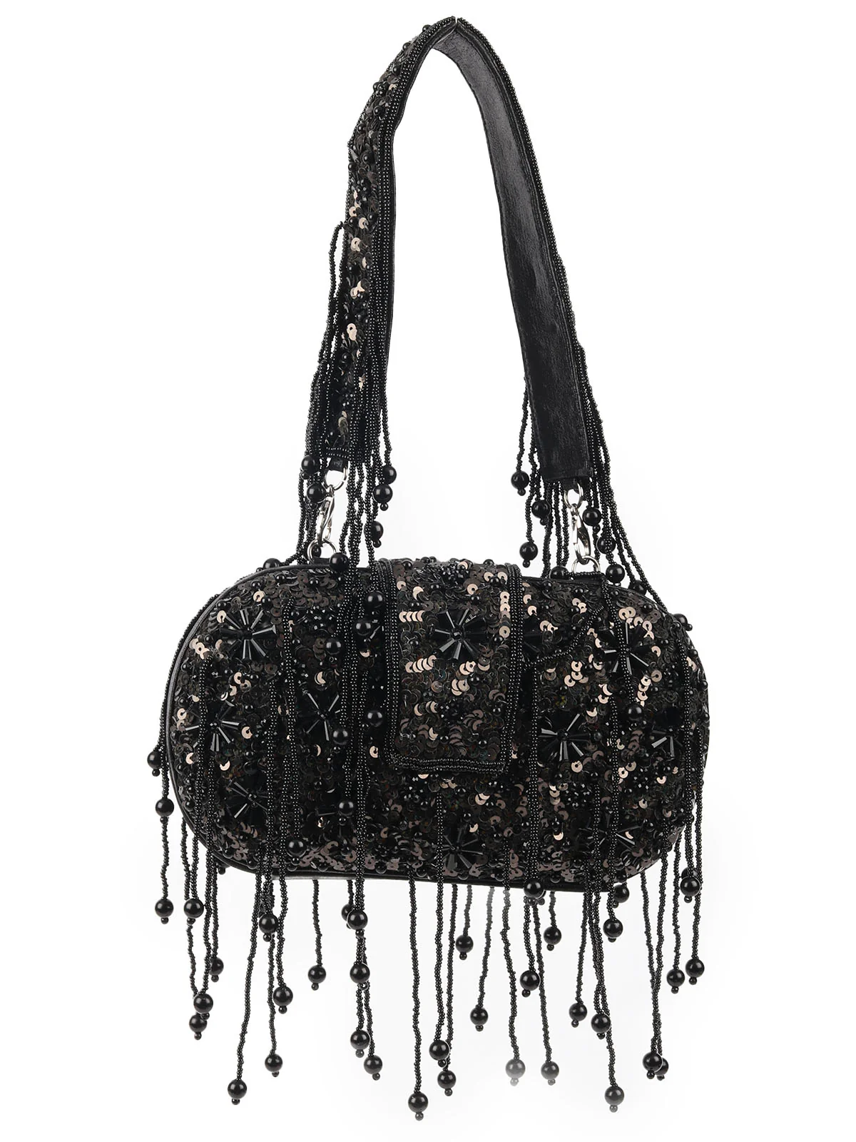 Odette Black PU Beads Embellished Tasseled With Sequin Batuwa For Women - Image 5