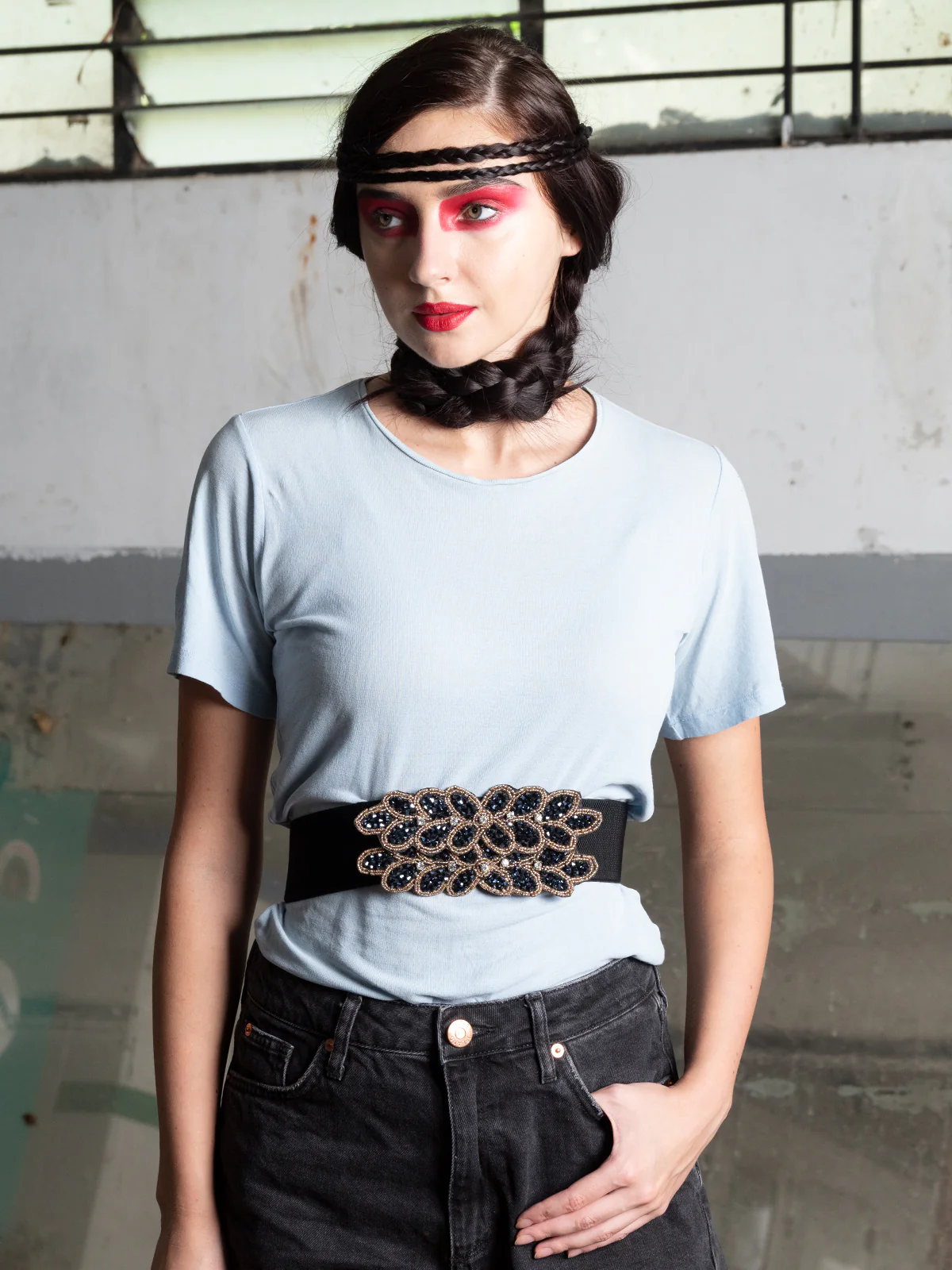 Odette Black PU Embellished Belt For Women - Image 6