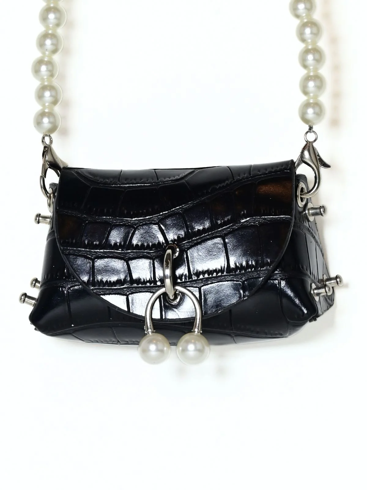 Odette Black PU Pearl Belt Bag For Women - Image 4