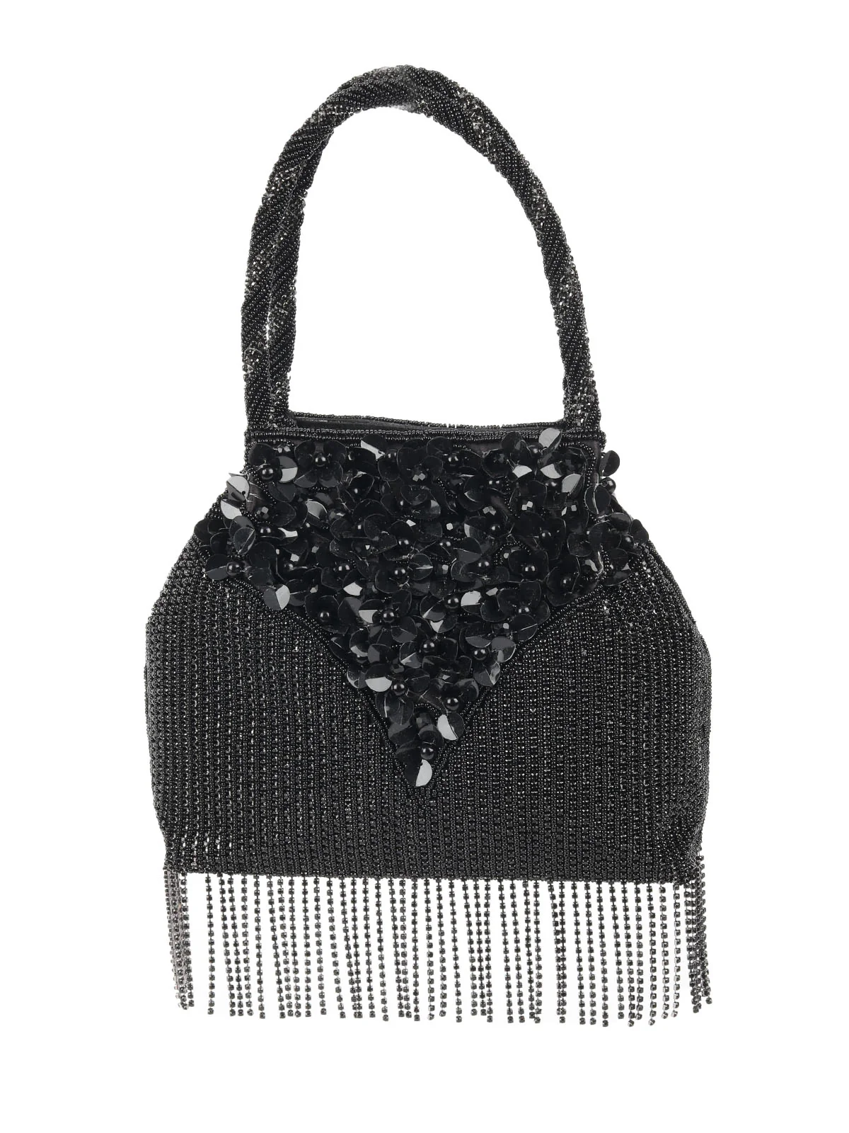 Odette Black Raw Silk Embellished With Sequin And Beads Hand Bag For Women - Image 3