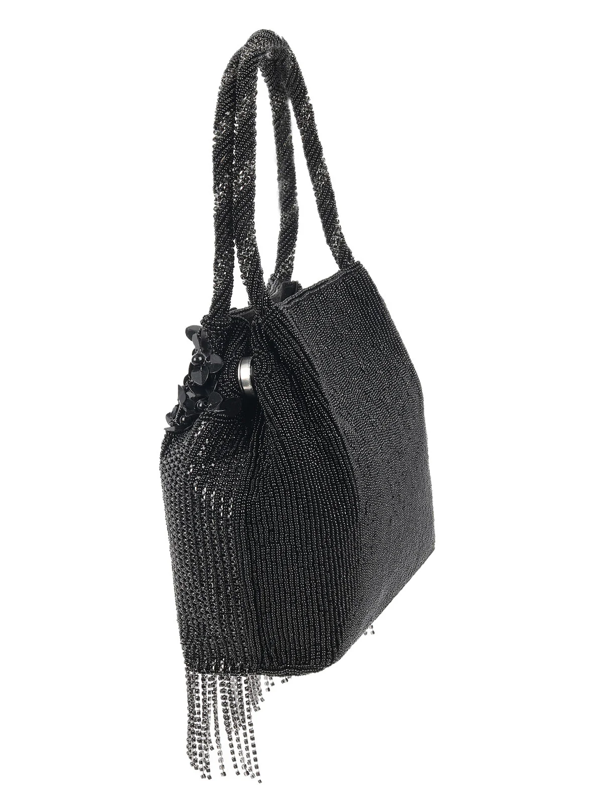 Odette Black Raw Silk Embellished With Sequin And Beads Hand Bag For Women - Image 5