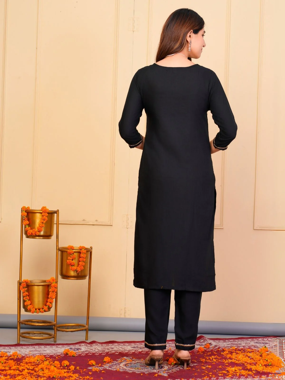 Odette Black Rayon Embroidered Stitched Kurta Set For Women - Image 4