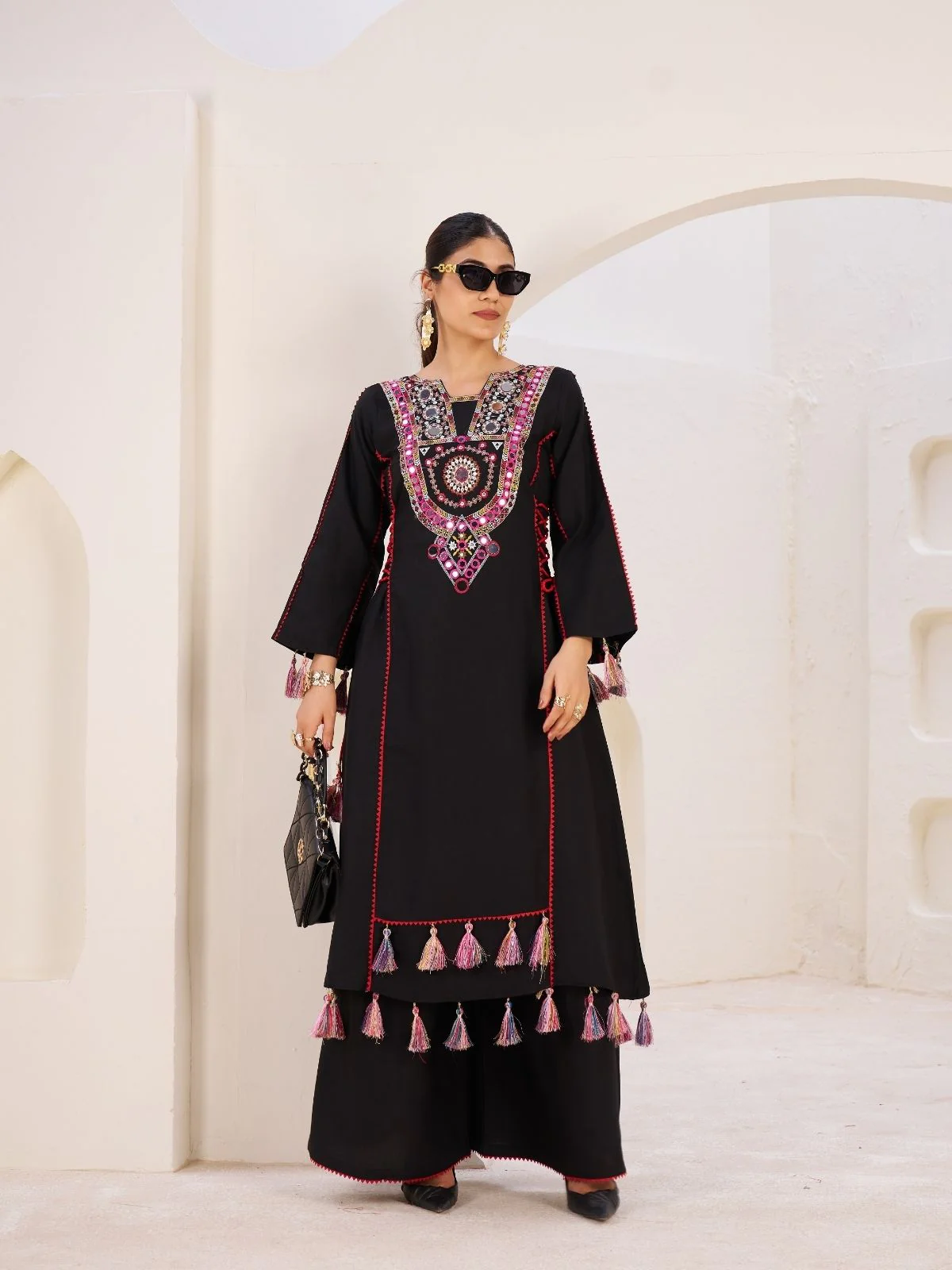 Odette Black Rayon Embroidered Stitched Kurta Set For Women