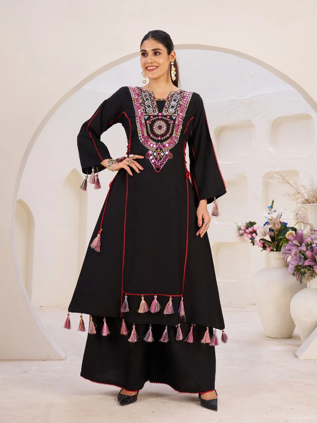 Odette Black Rayon Embroidered Stitched Kurta Set For Women - Image 2
