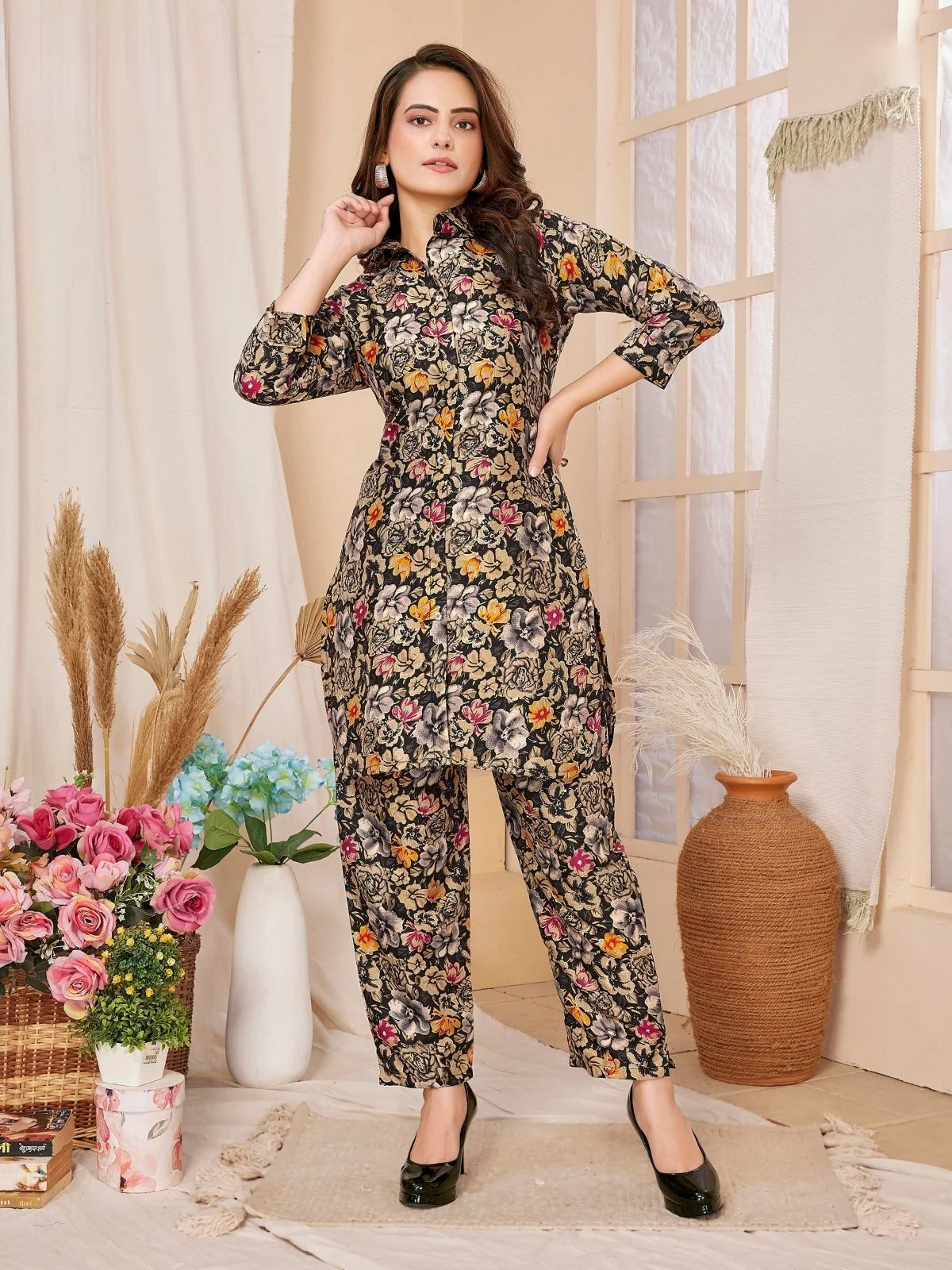 Odette Black Rayon Floral Printed Semi-Stitched Co-Ord Set For Women