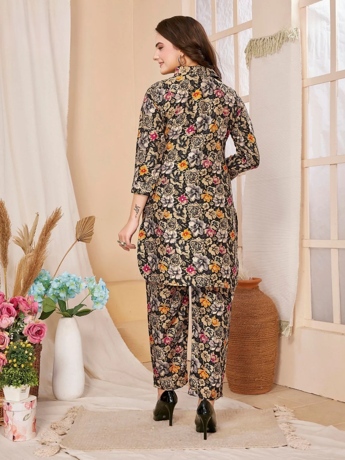 Odette Black Rayon Floral Printed Semi-Stitched Co-Ord Set For Women - Image 4