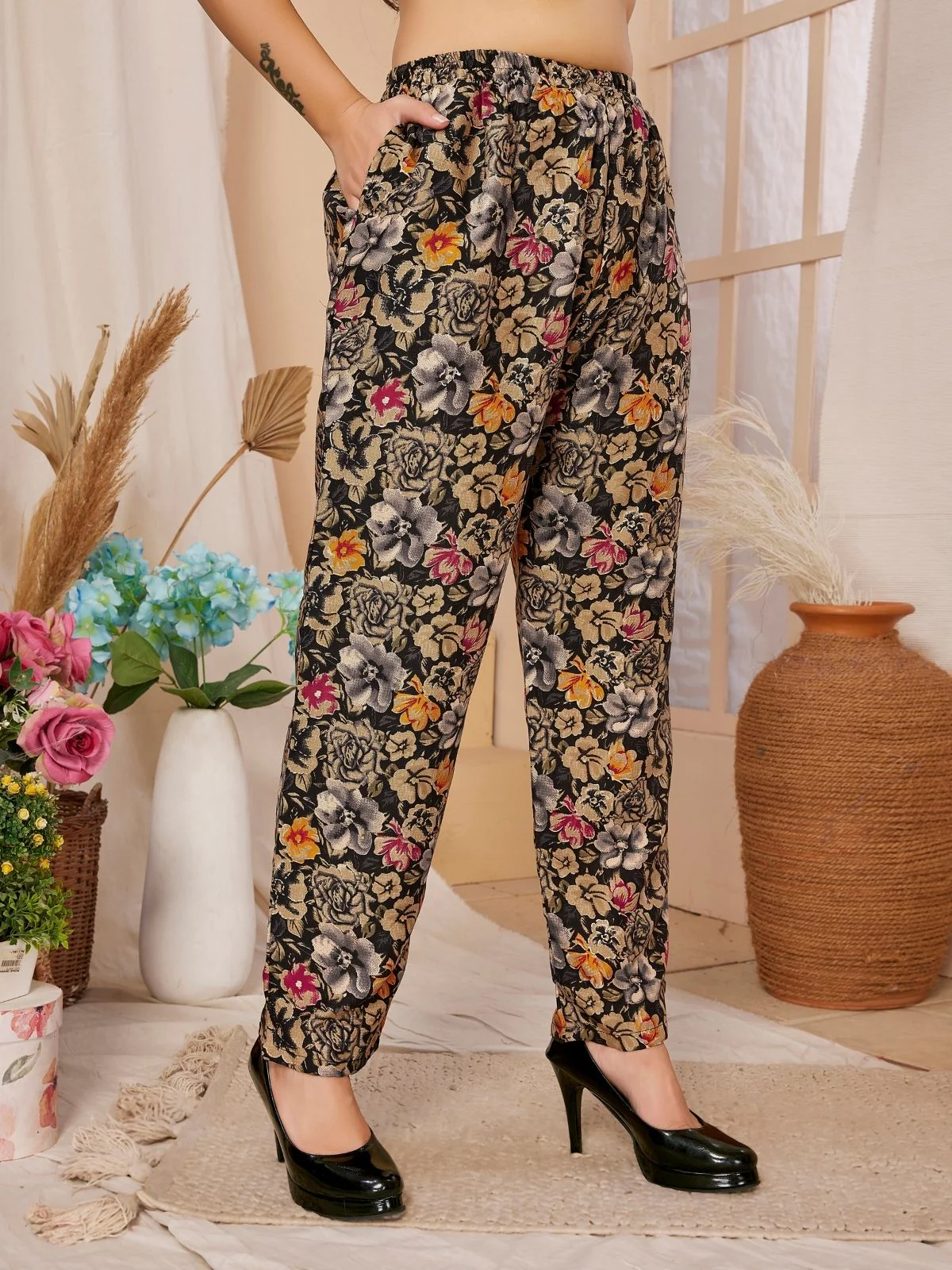 Odette Black Rayon Floral Printed Semi-Stitched Co-Ord Set For Women - Image 5