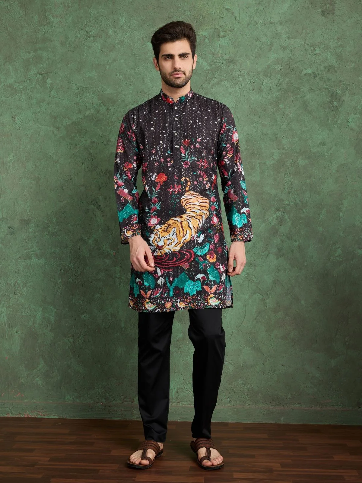 Odette Black Rayon Printed and Embroidered Stitched Kurta For Men