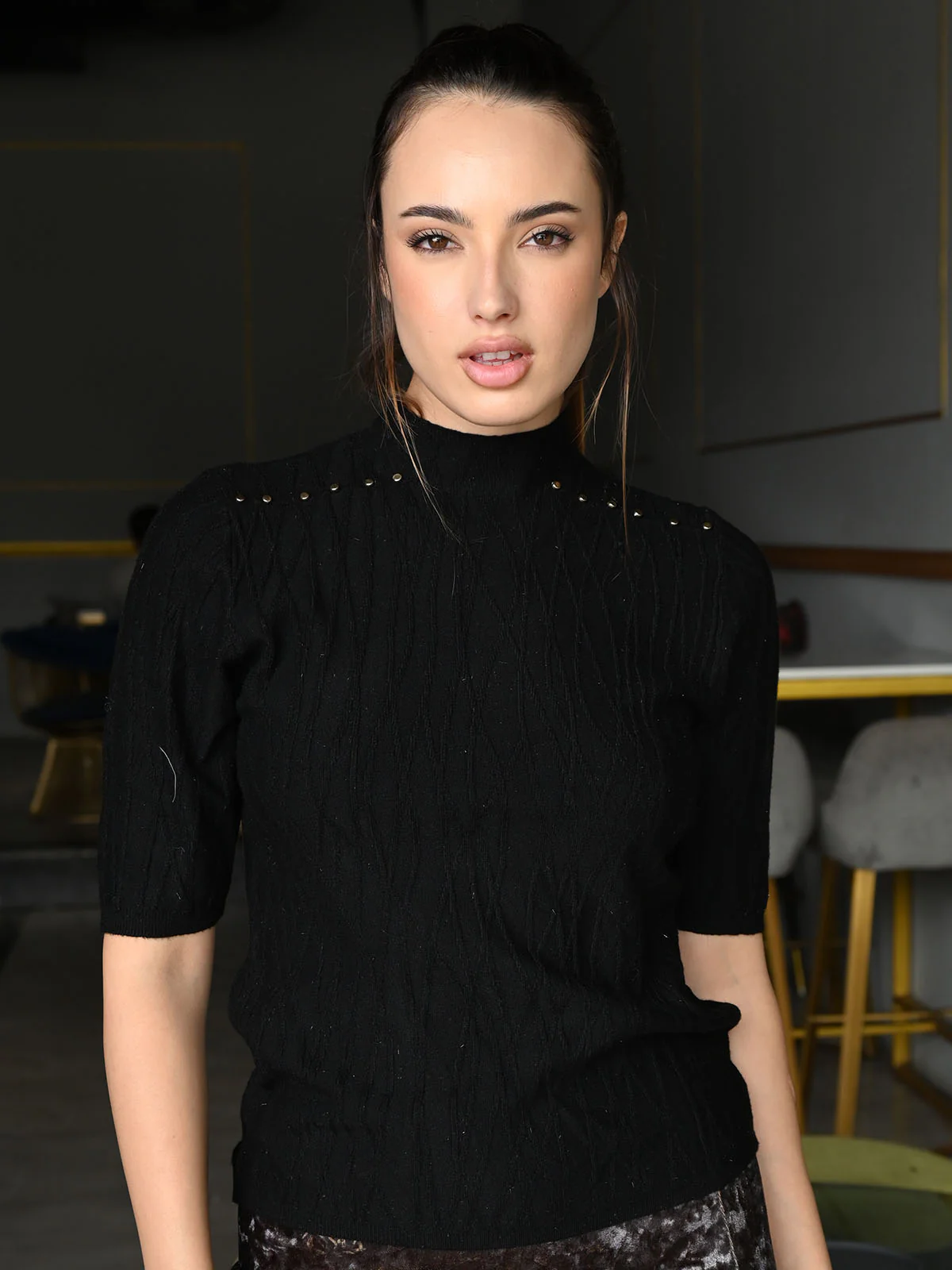 Odette Black Ribbed Polyester Shimmer Top For Women - Image 2