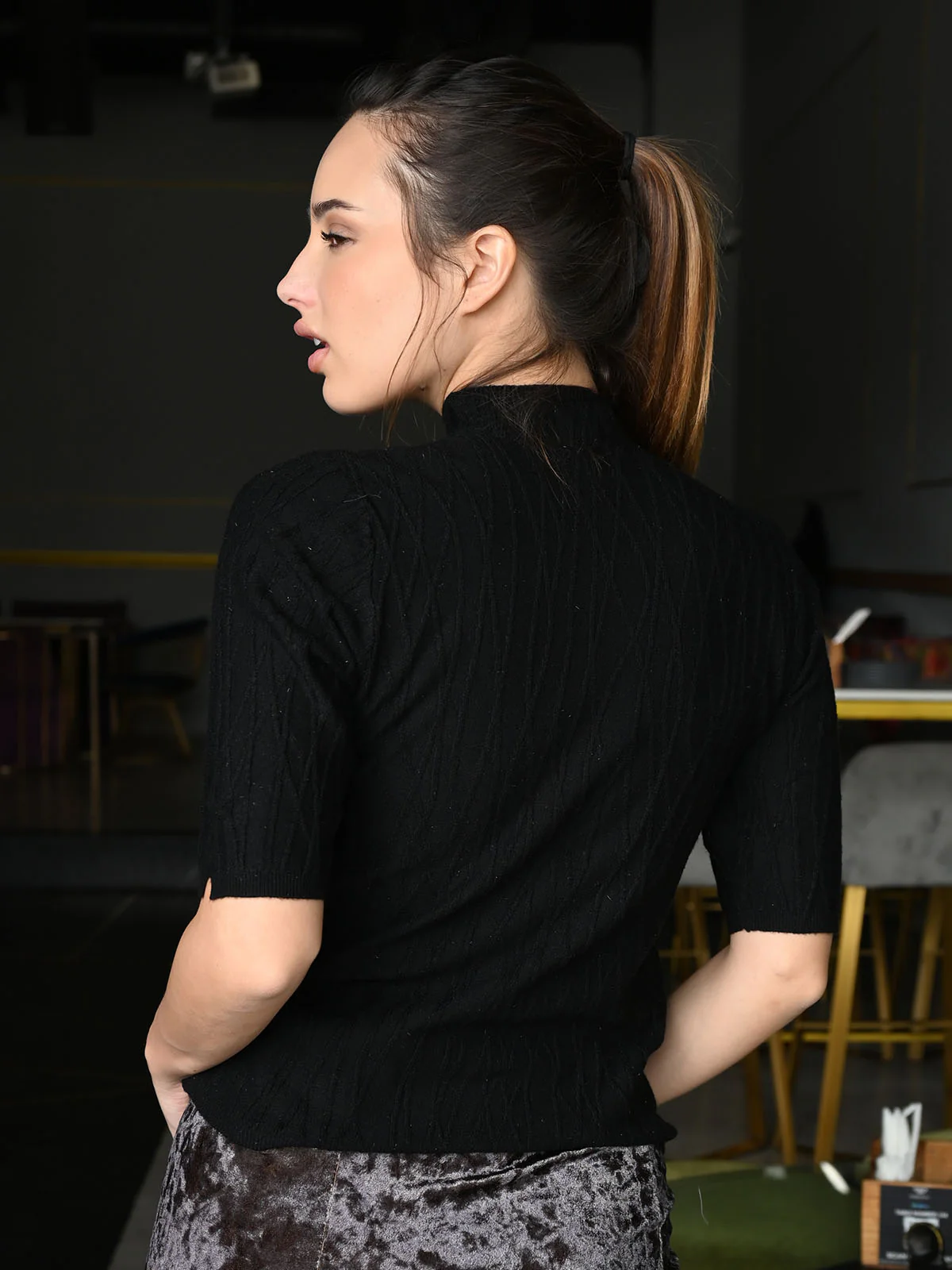 Odette Black Ribbed Polyester Shimmer Top For Women - Image 4