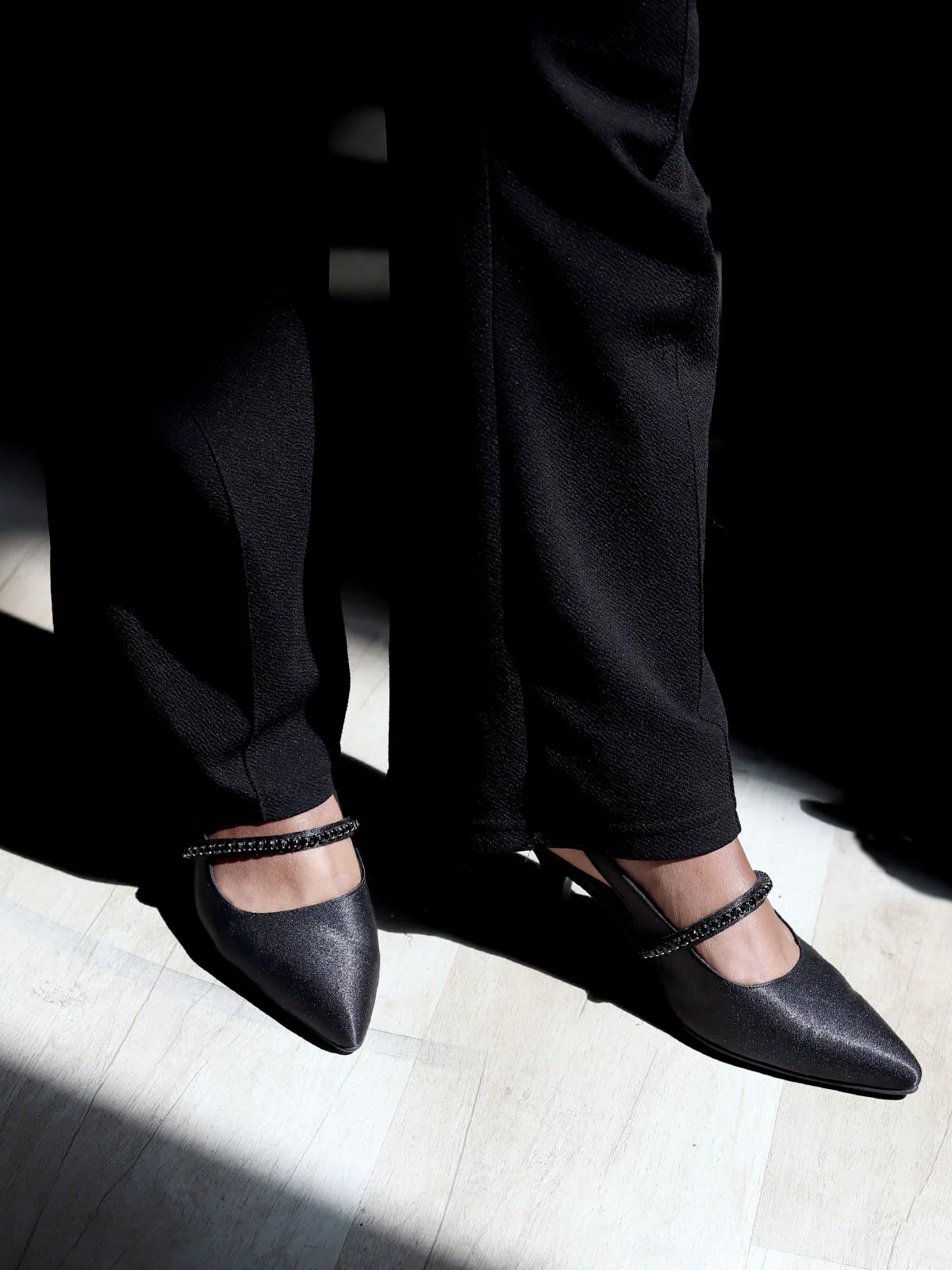Odette Black Satin Embellished Shoes For Women