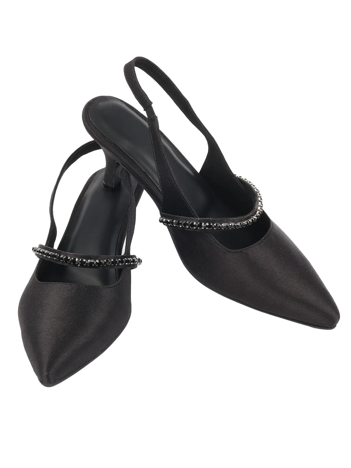 Odette Black Satin Embellished Shoes For Women - Image 2