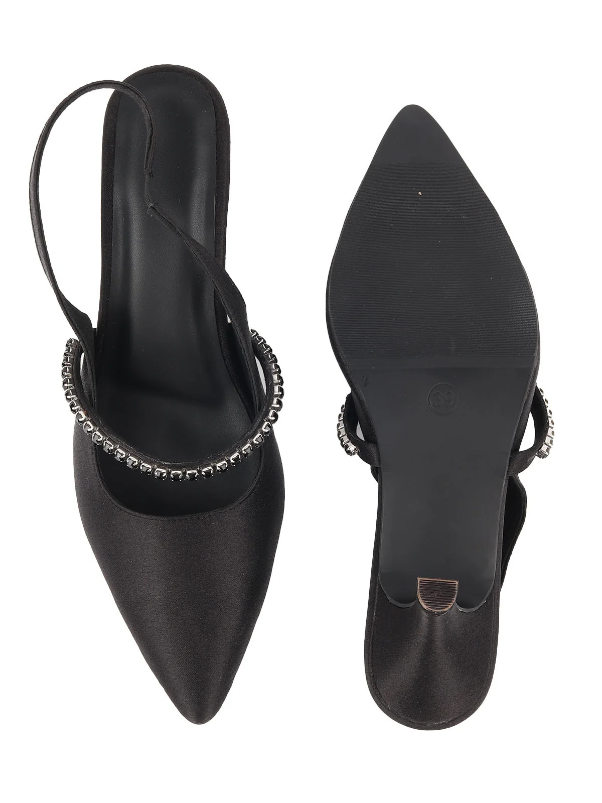 Odette Black Satin Embellished Shoes For Women - Image 5