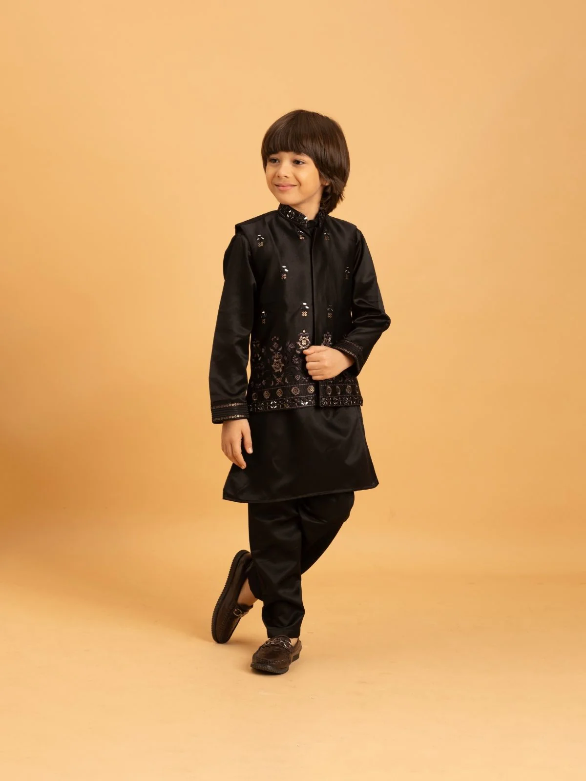 Odette Black Satin Embellished Stitched Kurta Set For Kids - Image 2