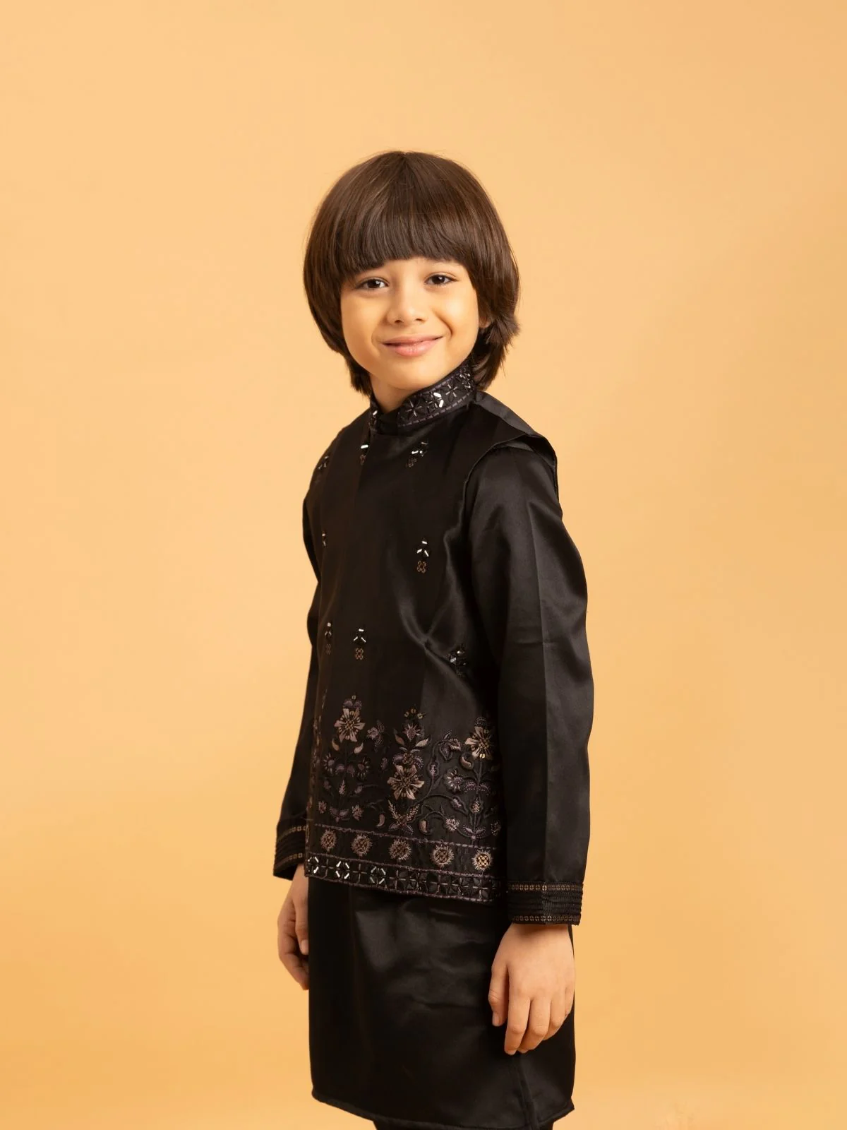 Odette Black Satin Embellished Stitched Kurta Set For Kids - Image 3