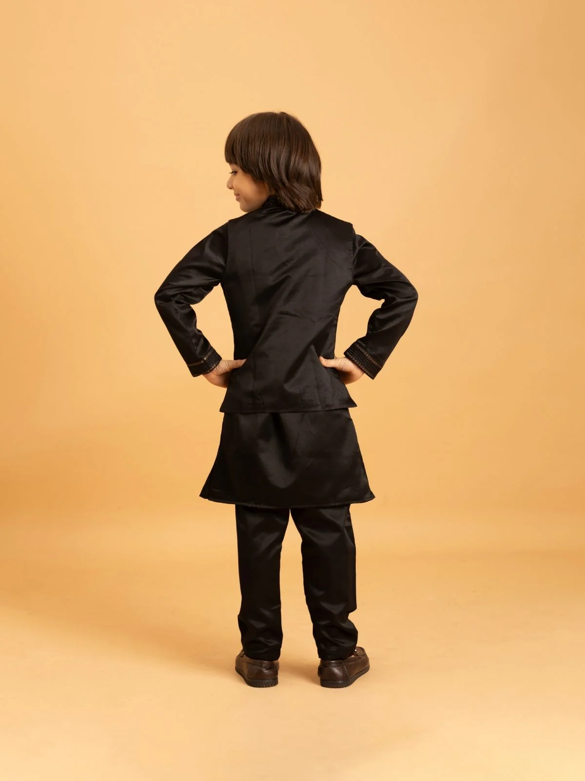 Odette Black Satin Embellished Stitched Kurta Set For Kids - Image 4