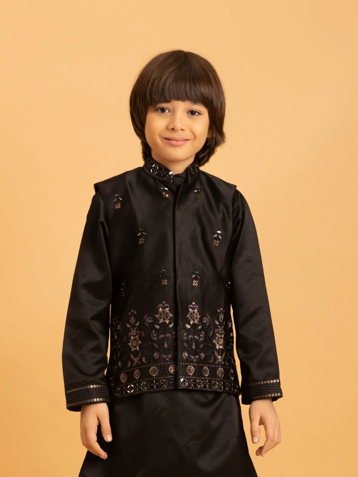 Odette Black Satin Embellished Stitched Kurta Set For Kids - Image 5