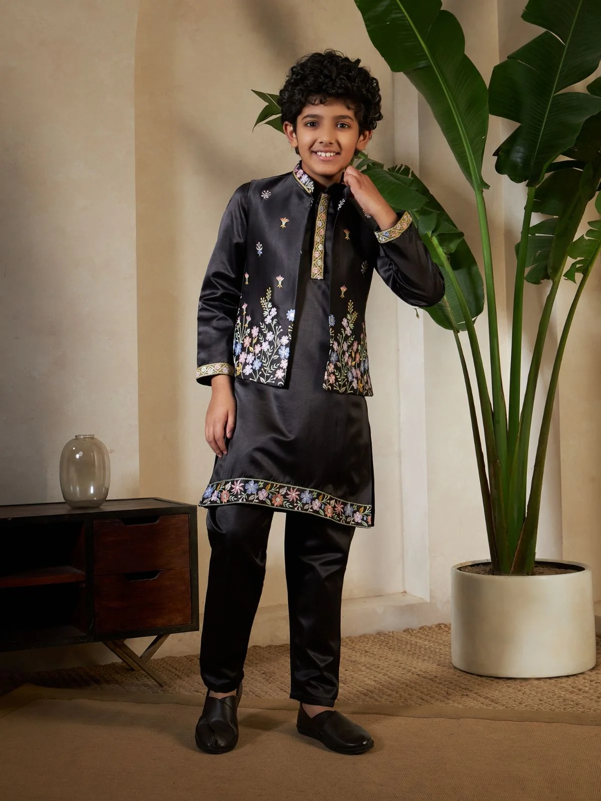 Odette Black Satin Embellished Stitched Kurta Set For Kids