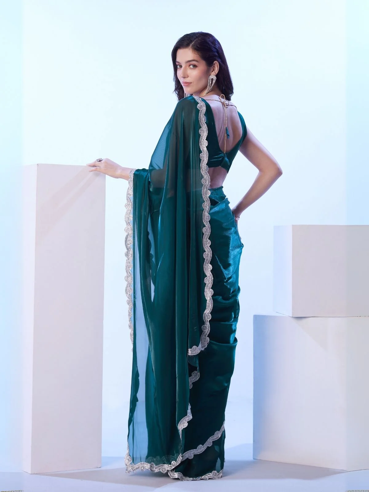 Odette Black Satin Lace Work Saree With Unstitched Blouse For Women - Image 4