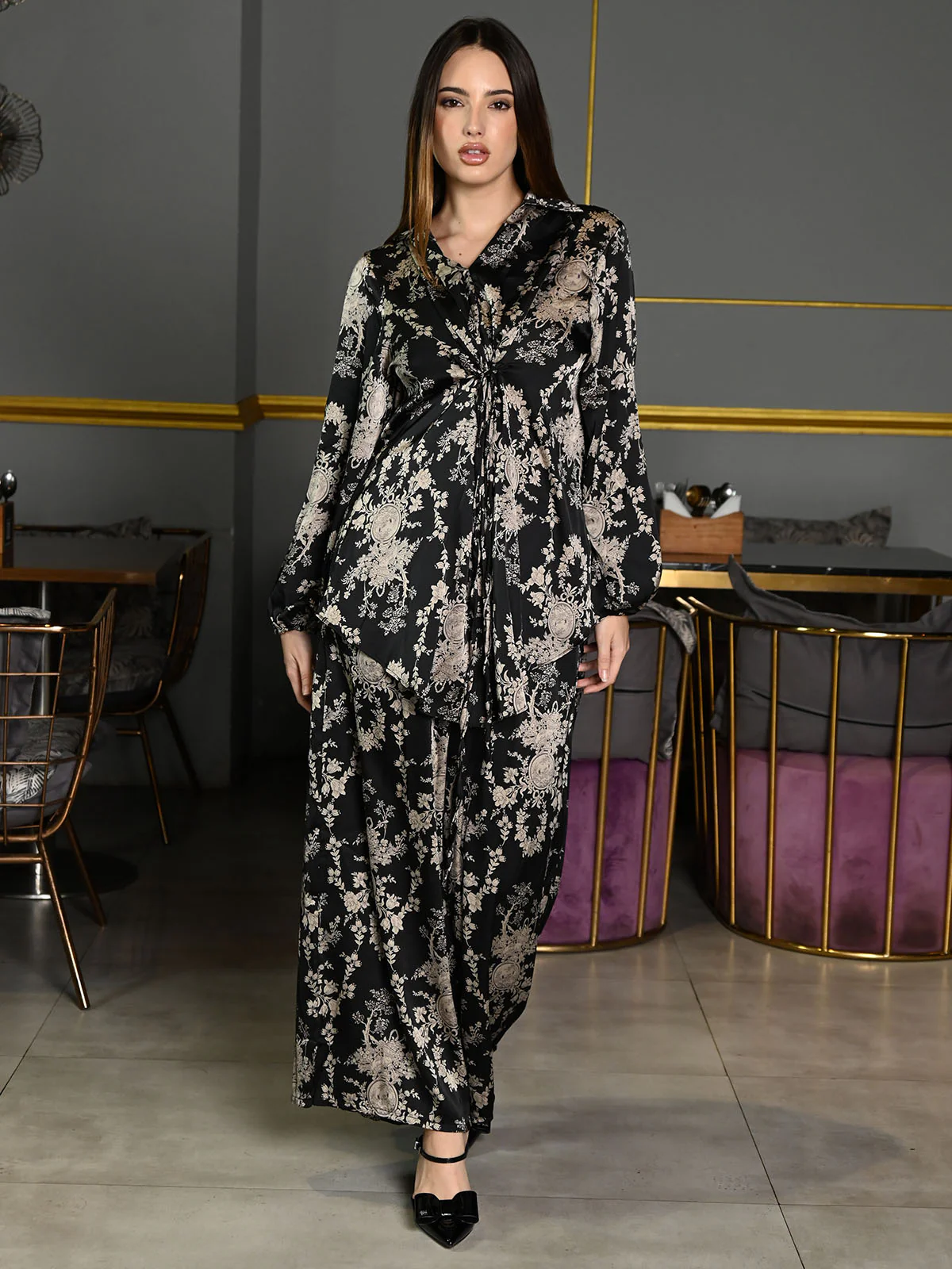 Odette Black Satin Printed Co-Ord Set For Women - Image 2