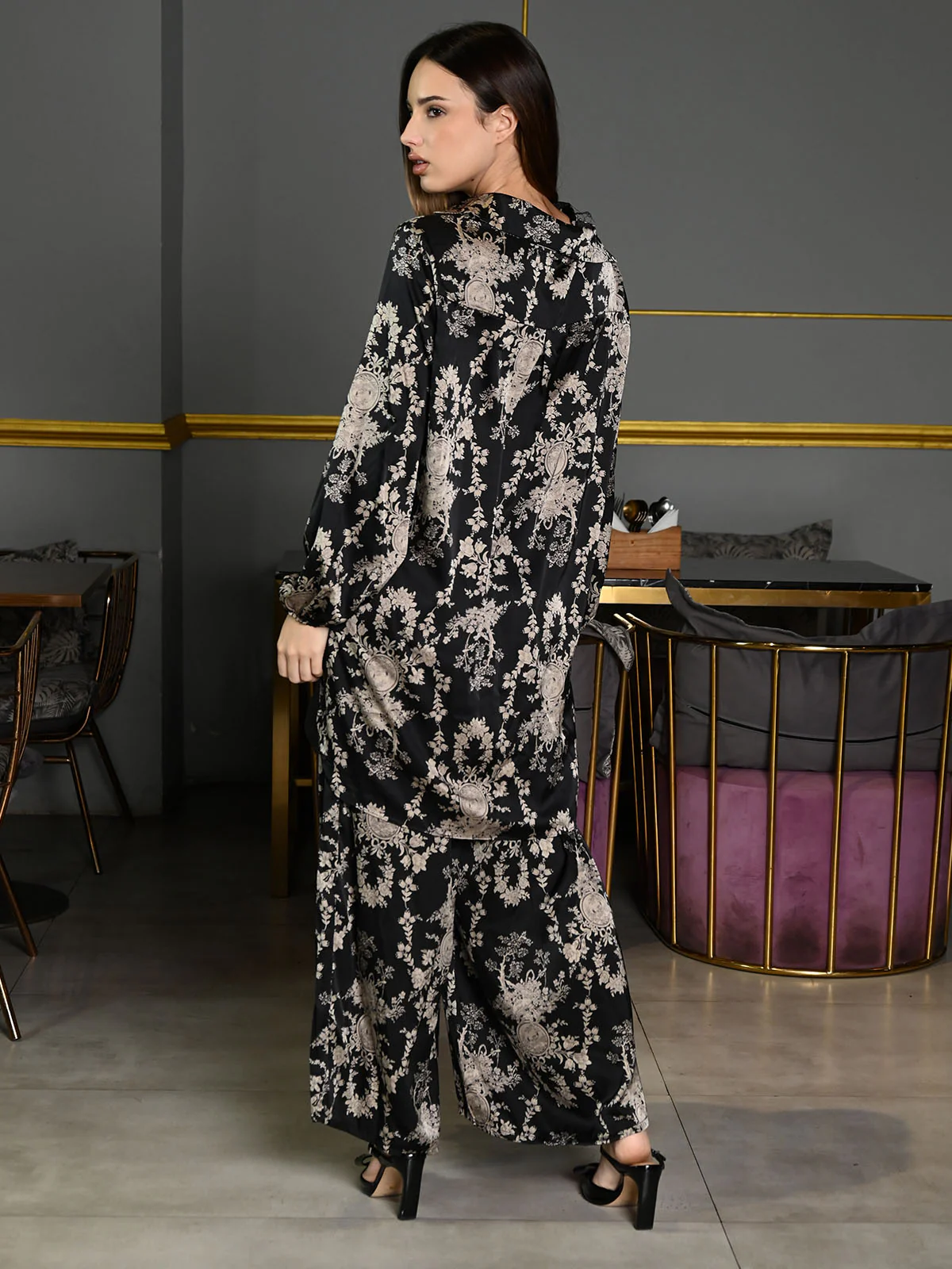 Odette Black Satin Printed Co-Ord Set For Women - Image 3