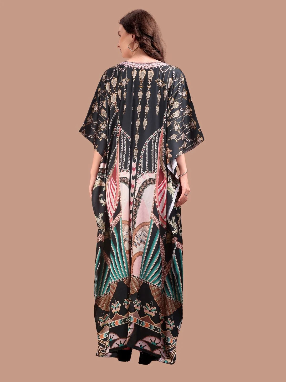 Odette Black Satin Printed Kaftan For Women - Image 3