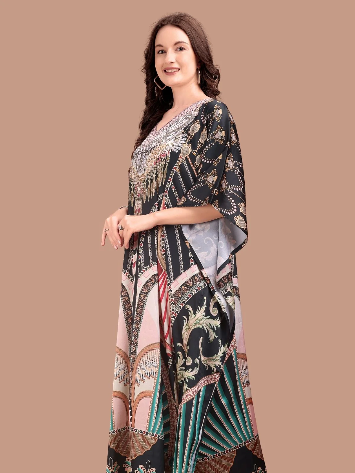 Odette Black Satin Printed Kaftan For Women - Image 4