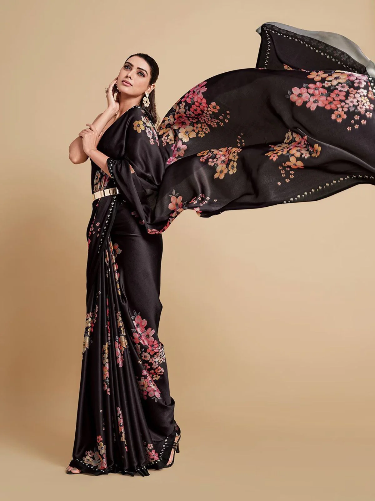 Odette Black Satin Printed Saree With Unstitched Blouse For Women - Image 2