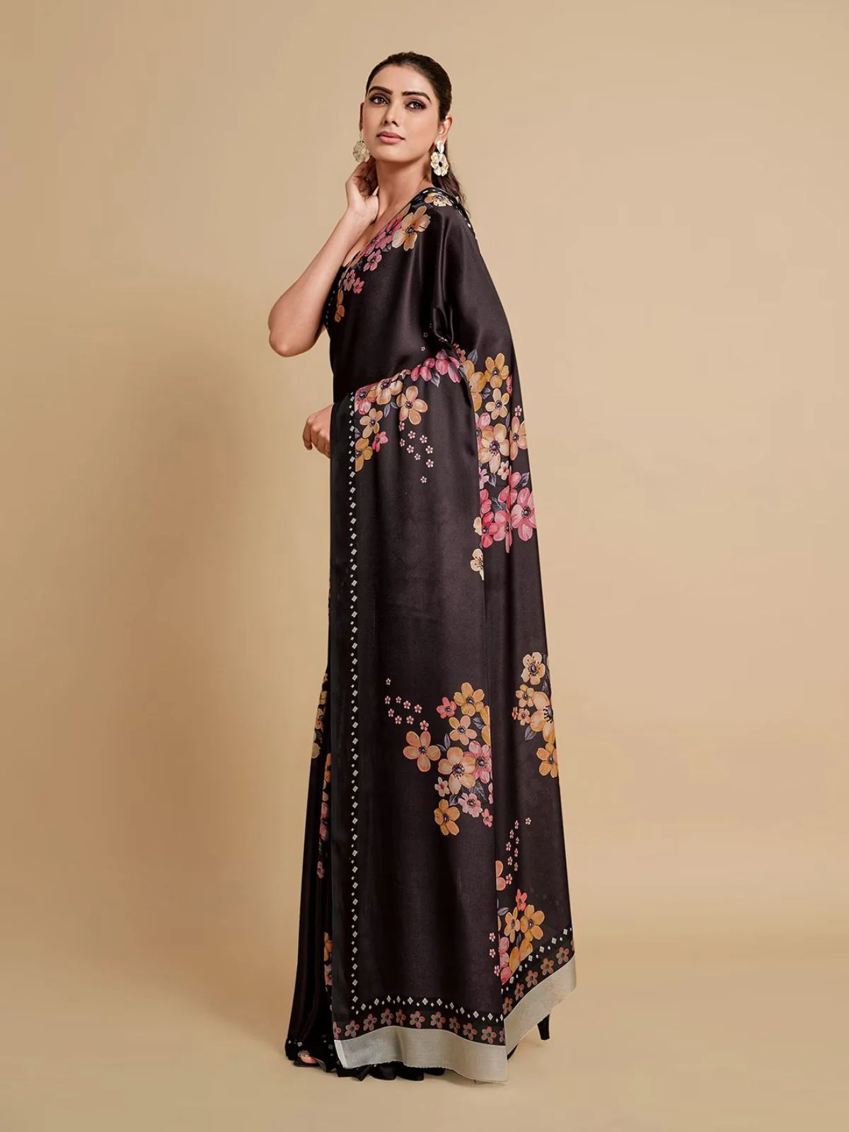 Odette Black Satin Printed Saree With Unstitched Blouse For Women - Image 4