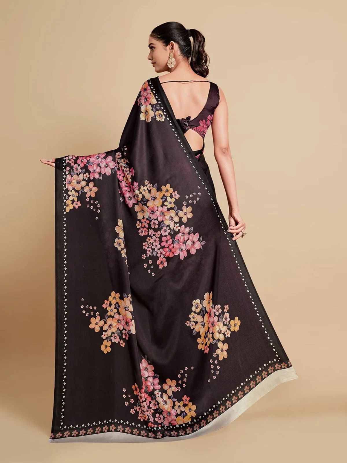 Odette Black Satin Printed Saree With Unstitched Blouse For Women - Image 6