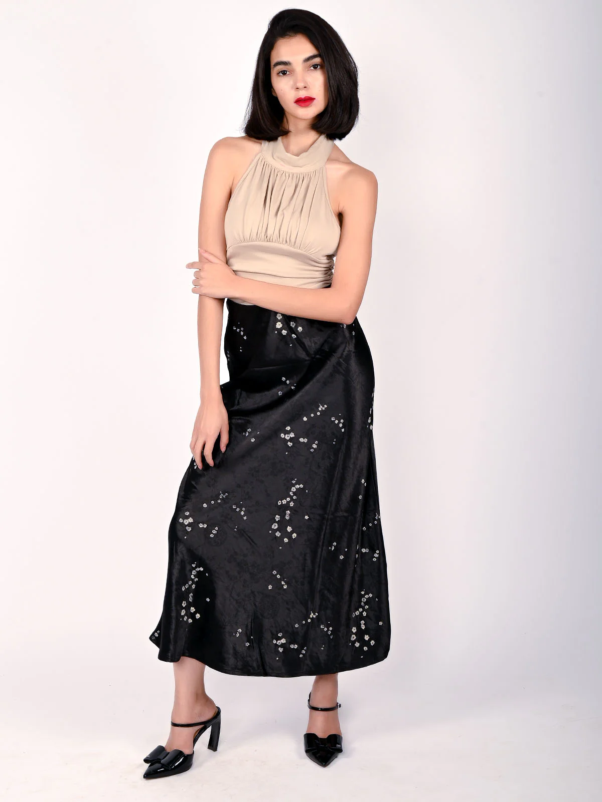 Odette Black Satin Printed Skirt For Women - Image 6
