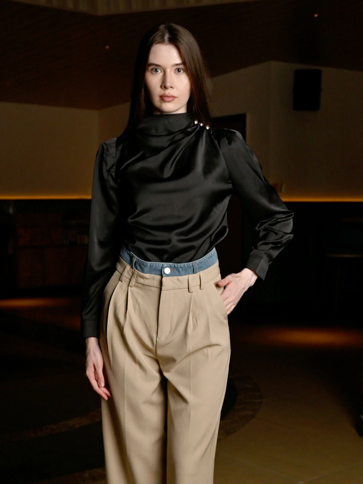Odette Black Satin Solid Top For Women - Image 5
