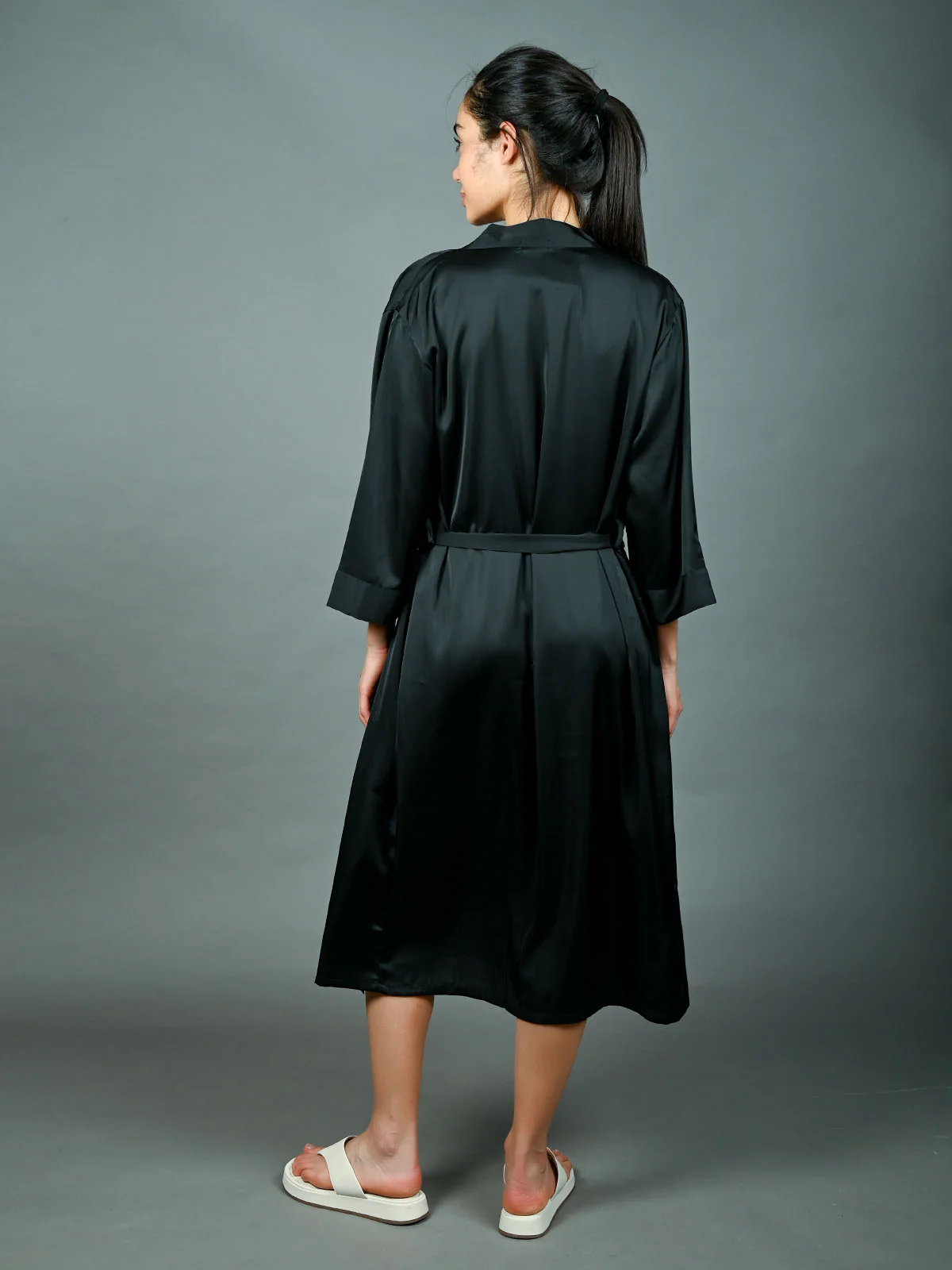 Odette Black Satin Solid With Bead Work Night Wear For Women - Image 3