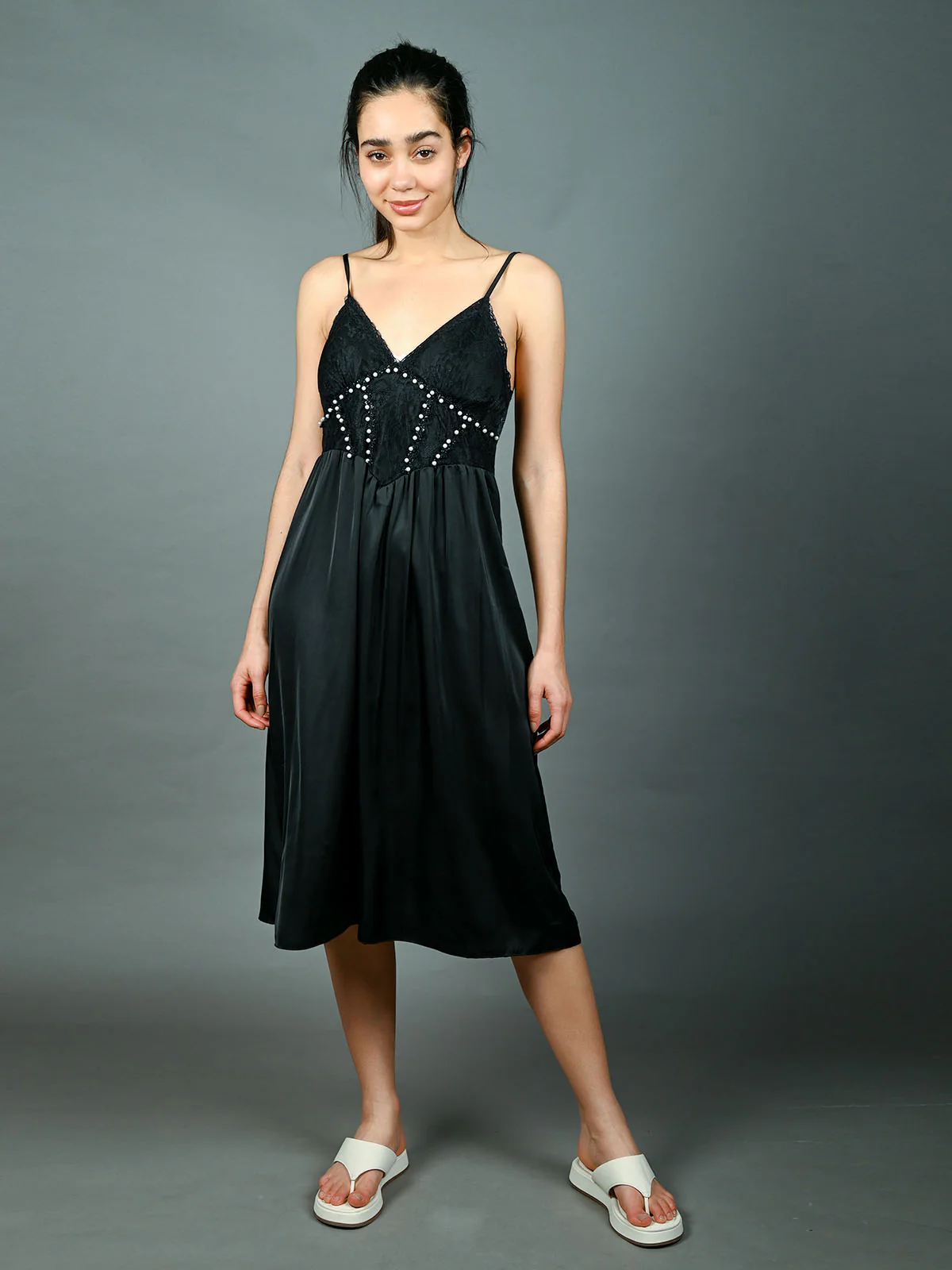 Odette Black Satin Solid With Bead Work Night Wear For Women - Image 4