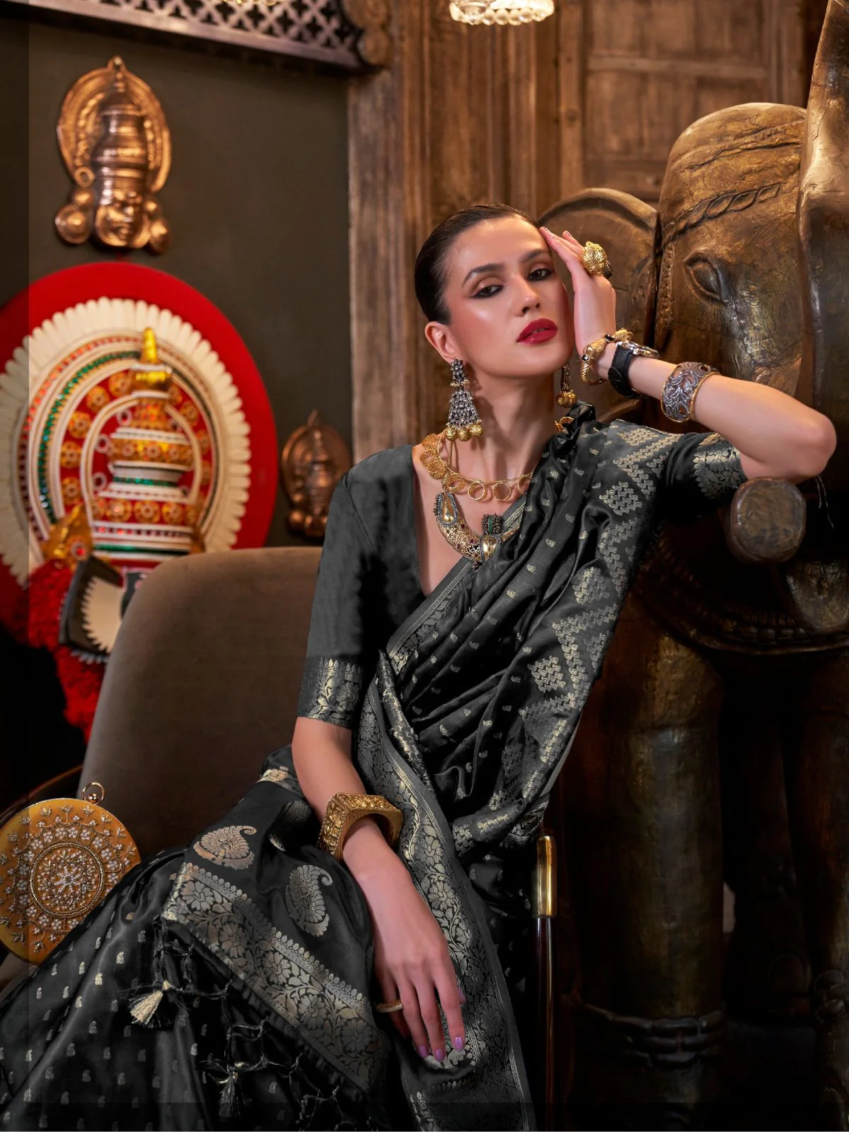 Odette Black Satin Woven Saree With Unstitched Blouse For Women - Image 2