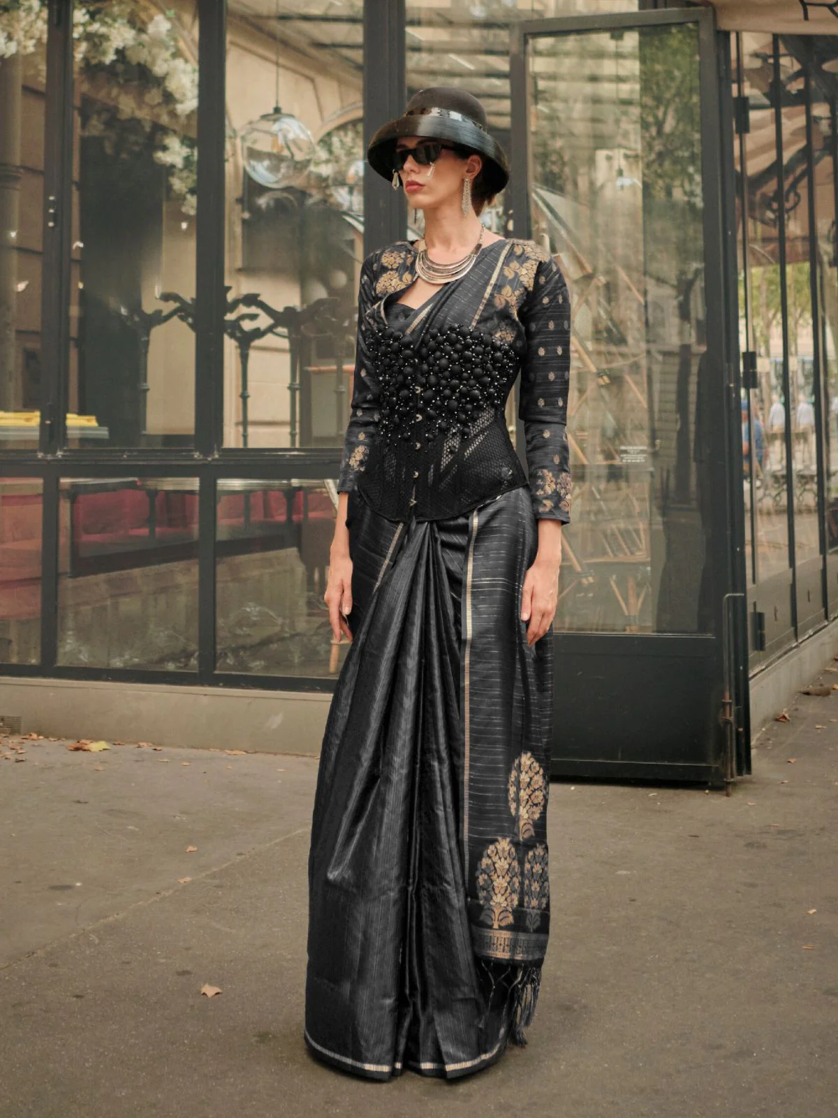 Odette Black Satin Woven Saree With Unstitched Blouse For Women