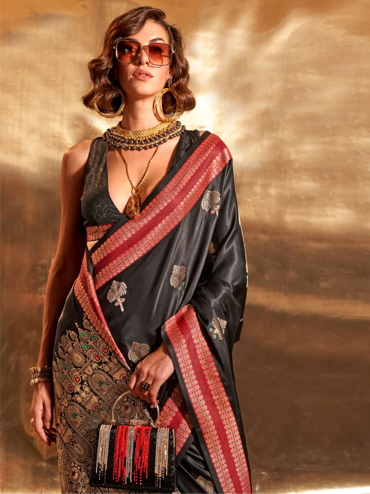 Odette Black Satin Woven Saree With Unstitched Blouse For Women - Image 2