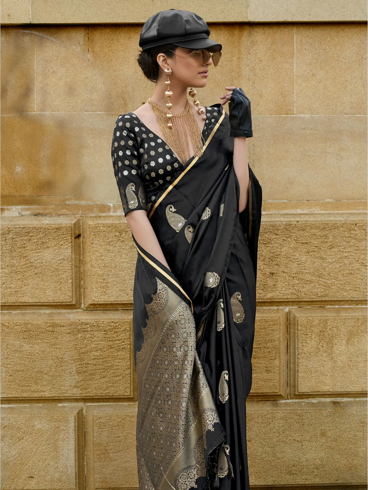 Odette Black Satin Woven Saree With Unstitched Blouse For Women - Image 2
