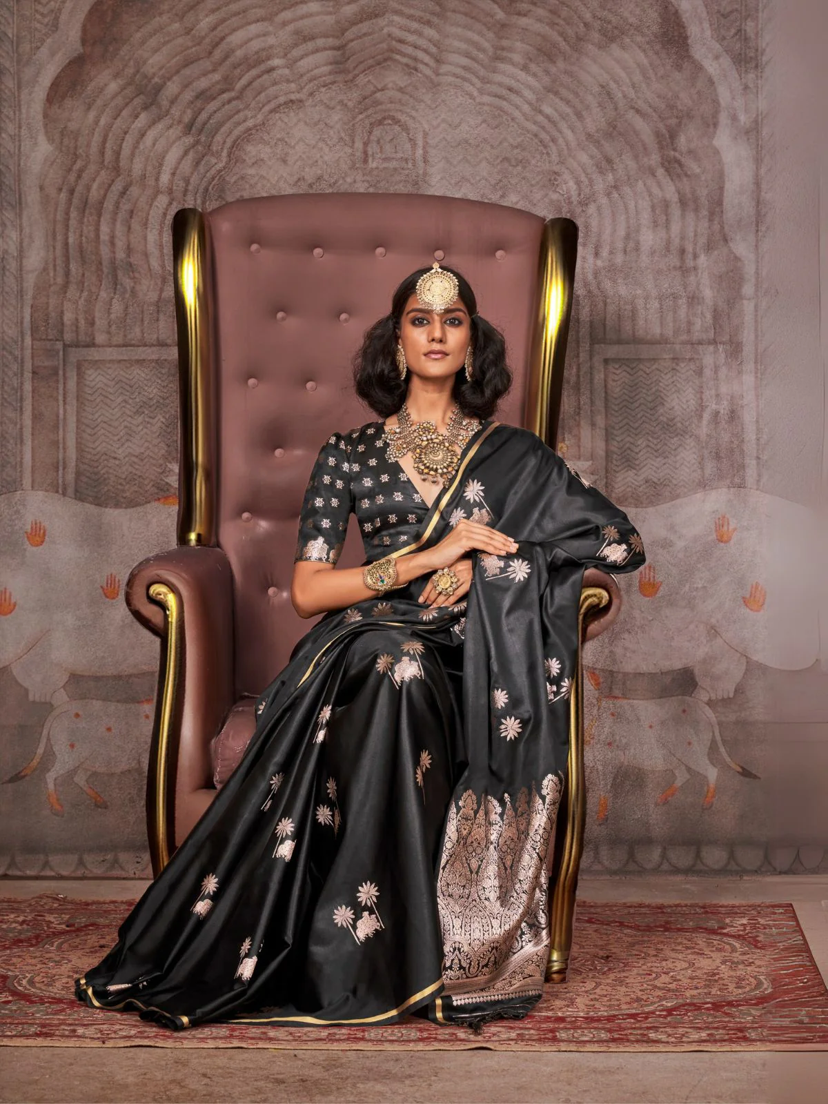 Odette Black Satin Woven Saree With Unstitched Blouse For Women - Image 2