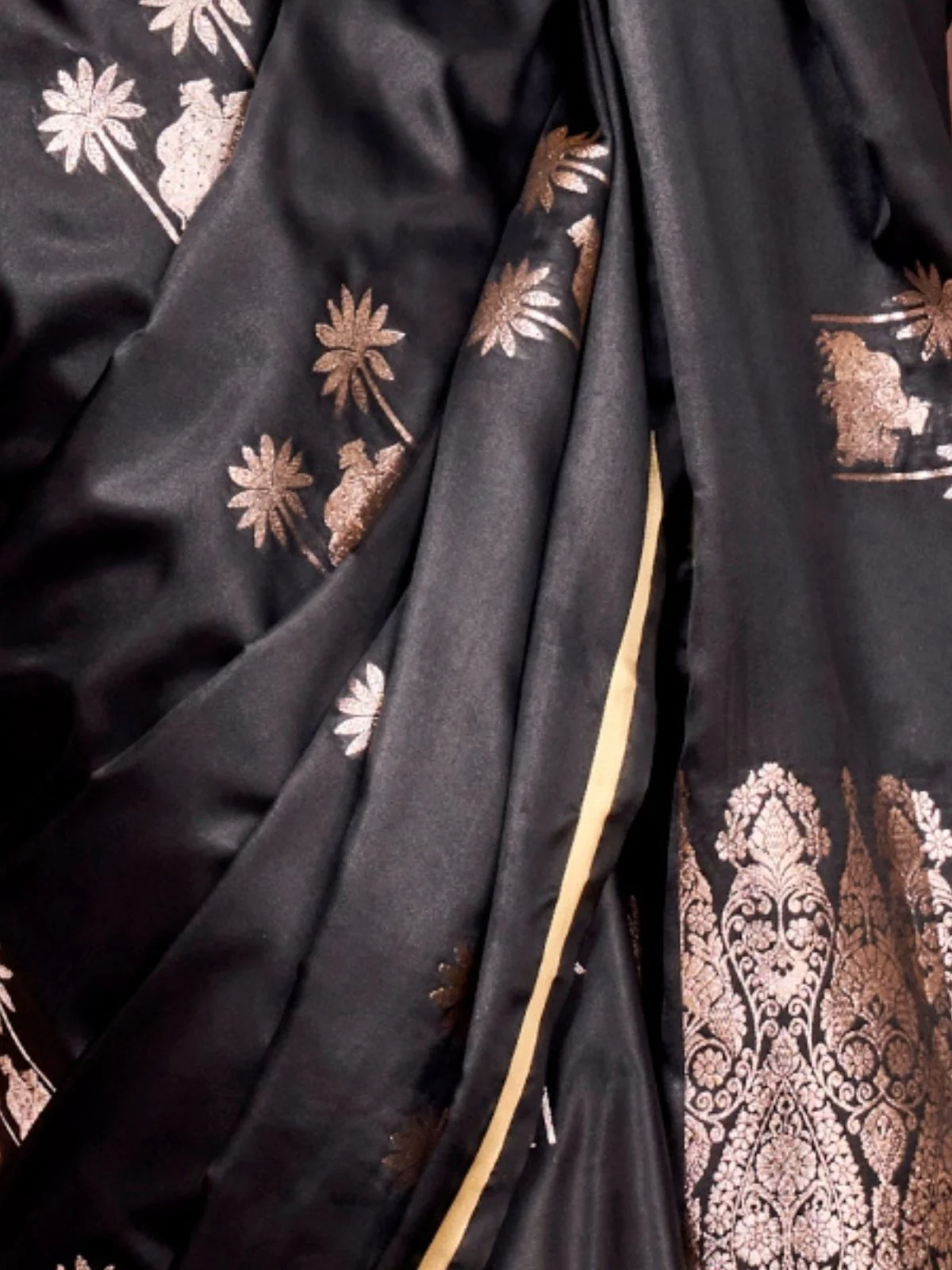 Odette Black Satin Woven Saree With Unstitched Blouse For Women - Image 3